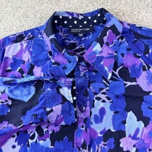Jones New York Signature Button Down Women XL Blue Purple Floral Cotton Blouse